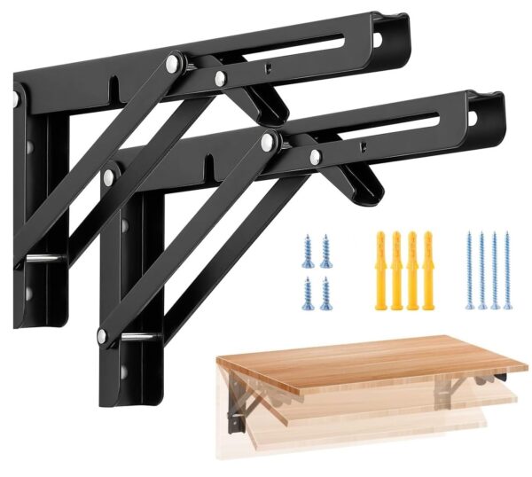 Folding Shelf Brackets (16 Inch, 40 cm) Pack of 2 Folding Shelf Brackets (16 Inch, 40 cm) Pack of 2 Heavy Duty Mild Metal Wall Mount Foldable Collapsible Shelf Support for Kitchen, Table, Workbench, Storage Shelves, Black