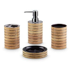 Freelance Miami Polystyrene Bathroom Accessories Set of 4, Light wood Freelance Miami Polystyrene Bathroom Accessories Set of 4, Light wood Liquid Handwash Soap Dispenser, Brush/Toothbrush Holder, Tumbler, Dish - Plastic Bathroom Set for Wash Basin Stronger than Ceramic