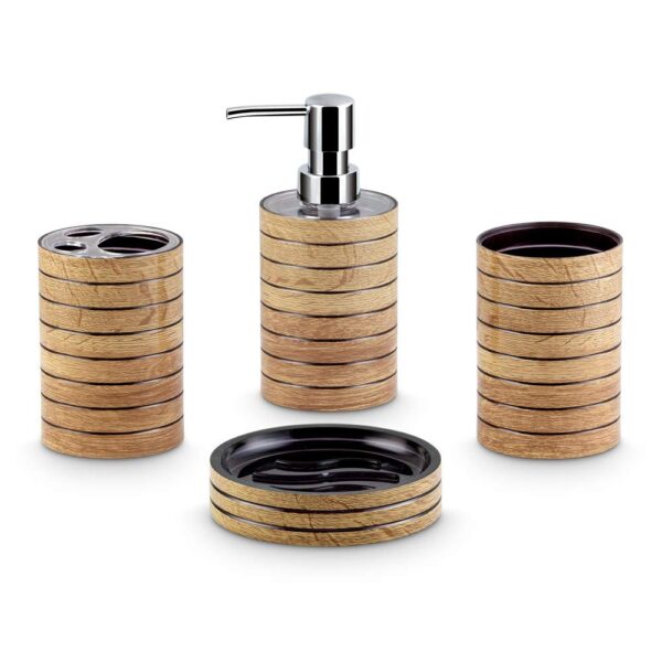 Freelance Miami Polystyrene Bathroom Accessories Set of 4, Light wood Liquid Handwash Soap Dispenser, Brush/Toothbrush Holder, Tumbler, Dish - Plastic Bathroom Set for Wash Basin Stronger than Ceramic