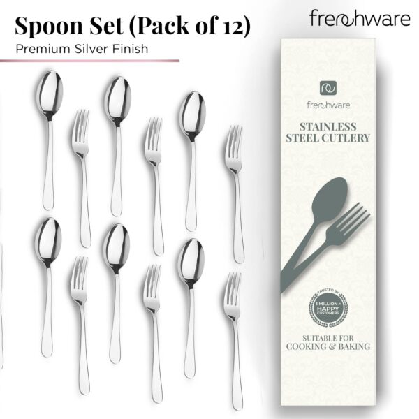 Frenchware Cutlery (Set of 12, Stainless Steel Spoons - 6 and Forks - 6), 100% Food Grade, Non Toxic, Anti-Rust, Dishwasher Safe, Perfect Gifting Set for All Occasions