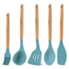 Fruitalite Silicone Kitchen Utensils Spoon Spatula Cooking Set of 5 Pcs | Non-Stick with Wooden Handle- BPA Free, Heat Resistant Set, Flexible Non Toxic Premium Silicon Cookware Tools- Sage Blue