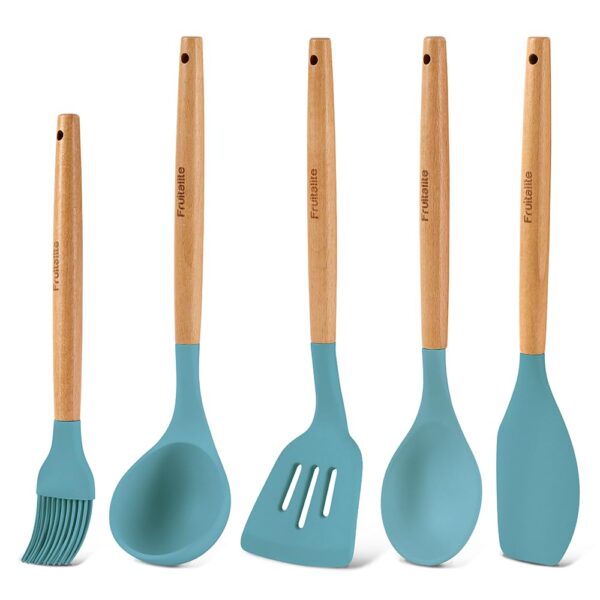 Fruitalite Silicone Kitchen Utensils Spoon Spatula Cooking Set of 5 Pcs | Non-Stick with Wooden Handle- BPA Free, Heat Resistant Set, Flexible Non Toxic Premium Silicon Cookware Tools- Sage Blue