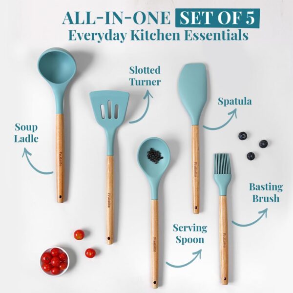 Fruitalite Silicone Kitchen Utensils Spoon Spatula Cooking Set of 5 Pcs | Non-Stick with Wooden Handle- BPA Free, Heat Resistant Set, Flexible Non Toxic Premium Silicon Cookware Tools- Sage Blue