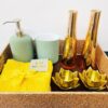 GIFTINGS | BATH DECOR | HOUSE WARMING GIFTS | FUNCTIONAL PRODUCTS | SOAP DISPENCER, TOOTH BRUSH HOLDER, GOLDEN VASE, METALLIC TEALIGHT HOLDER (Set of 2) and NAPKINS (Set of 4) in Decorative BOX