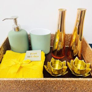 GIFTINGS | BATH DECOR | HOUSE WARMING GIFTS | FUNCTIONAL GIFTINGS | BATH DECOR | HOUSE WARMING GIFTS | FUNCTIONAL PRODUCTS | SOAP DISPENCER, TOOTH BRUSH HOLDER, GOLDEN VASE, METALLIC TEALIGHT HOLDER (Set of 2) and NAPKINS (Set of 4) in Decorative BOX
