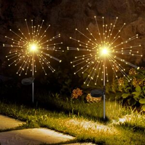 GIGAWATTS Outdoor 90 LEDs Solar Firework Light 2 Lightning Modes GIGAWATTS Outdoor 90 LEDs Solar Firework Light 2 Lightning Modes Starburst Design Water Resistant Garden StringLights for Party Decor Patio Lawn Yard (Warm Yellow, Pack of 2)