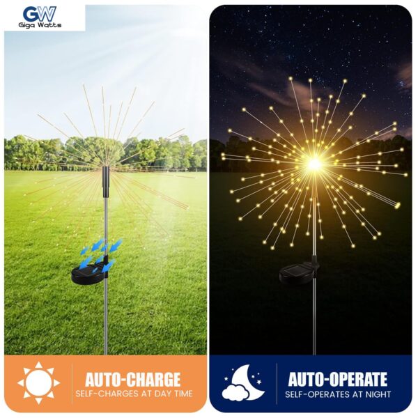 GIGAWATTS Outdoor 90 LEDs Solar Firework Light 2 Lightning Modes Starburst Design Water Resistant Garden StringLights for Party Decor Patio Lawn Yard (Warm Yellow, Pack of 1)
