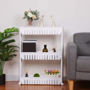 GION Plastic Kitchen Storage Rack Multi Utility Narrow Space Saving GION Plastic Kitchen Storage Rack Multi Utility Narrow Space Saving Slim Side Storage Organizer Rack Shelf with Wheels for Household Kitchen, Office, Bathroom (1Pcs) (3 Layer)