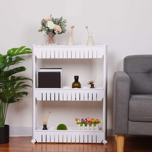 GION Plastic Kitchen Storage Rack Multi Utility Narrow Space Saving Slim Side Storage Organizer Rack Shelf with Wheels for Household Kitchen, Office, Bathroom (1Pcs) (3 Layer)