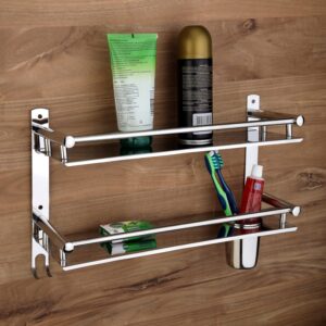 GLOXY ENTERPRISE Stainless Steel 2 Layer Multipurpose Use Shelf Organizer GLOXY ENTERPRISE Stainless Steel 2 Layer Multipurpose Use Shelf Organizer Bathroom Shelf and Rack with Toothbrush Holder Bathroom Accessories