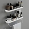 GLOXY Premium 2 Tier Bathroom Storage Rack Wall Mount Organiser with SS Towel Holder Rod - Black & White Multipurpose ABS Toiletry Organiser Bathroom Shelf Rack Shower Caddy for Bathroom Accessories