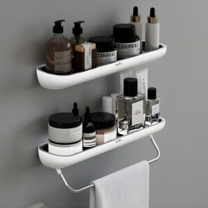 GLOXY Premium 2 Tier Bathroom Storage Rack Wall Mount Organiser GLOXY Premium 2 Tier Bathroom Storage Rack Wall Mount Organiser with SS Towel Holder Rod - Black & White Multipurpose ABS Toiletry Organiser Bathroom Shelf Rack Shower Caddy for Bathroom Accessories
