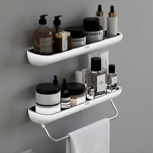 GLOXY Premium 2 Tier Bathroom Storage Rack Wall Mount Organiser with SS Towel Holder Rod - Black & White Multipurpose ABS Toiletry Organiser Bathroom Shelf Rack Shower Caddy for Bathroom Accessories