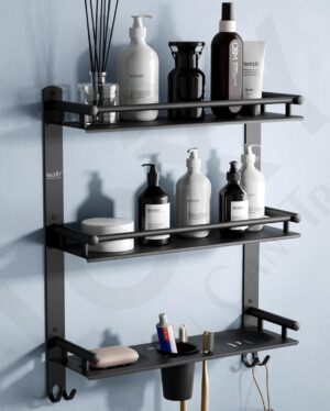 GLOXY Premium Bathroom Shelf Rack - Black Matte Finish 4in1 GLOXY Premium Bathroom Shelf Rack - Black Matte Finish 4in1 Stainless Steel Wall Mount Bathroom Soap Rack with Toothbrush Holder - Bathroom Fittings Accessories Set with Multipurpose Hooks