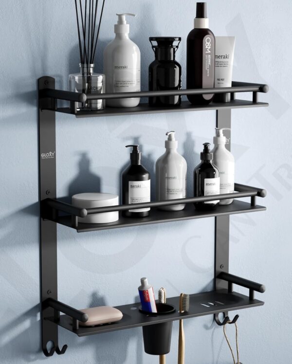 GLOXY Premium Bathroom Shelf Rack - Black Matte Finish 4in1 Stainless Steel Wall Mount Bathroom Soap Rack with Toothbrush Holder - Bathroom Fittings Accessories Set with Multipurpose Hooks