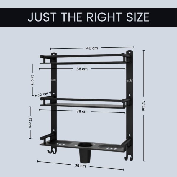 GLOXY Premium Bathroom Shelf Rack - Black Matte Finish 4in1 Stainless Steel Wall Mount Bathroom Soap Rack with Toothbrush Holder - Bathroom Fittings Accessories Set with Multipurpose Hooks