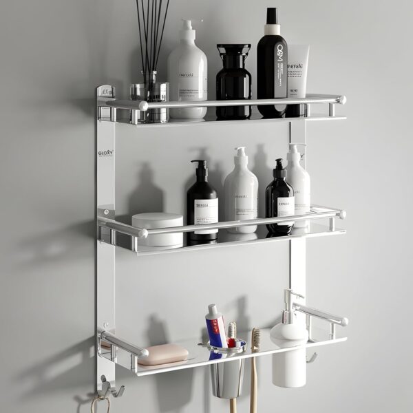 GLOXY Premium Chrome Finish Bathroom Stainless Steel Organizer with Soap GLOXY Premium Chrome Finish Bathroom Stainless Steel Organizer with Soap Holder, Liquid Soap Dispenser and Toothbrush Holder - 6 in 1 Bathroom Rack Shelf for Home, Office, Hotels & Restaurants