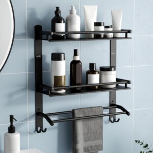 GLOXY Premium Stainless Steel Matt Black Bathroom Shelf Rack 2 GLOXY Premium Stainless Steel Matt Black Bathroom Shelf Rack 2 Layer with Towel or Napkin Holder Rods Black Bathroom Accessories for Home, Office, Hotels & Restaurants