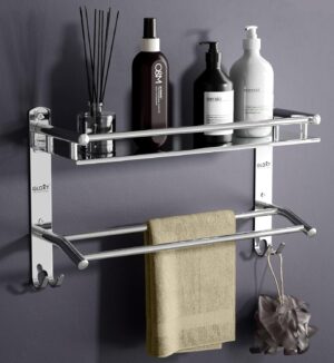 GLOXY Premium Washroom Storage Organizer Rack Shelf with Bathroom Towel GLOXY Premium Washroom Storage Organizer Rack Shelf with Bathroom Towel Hanger 15 inch - Stainless Steel Chrome Finished Heavy Bathroom Fittings Accessories Set for Home, Office, Hotels & Restaurants