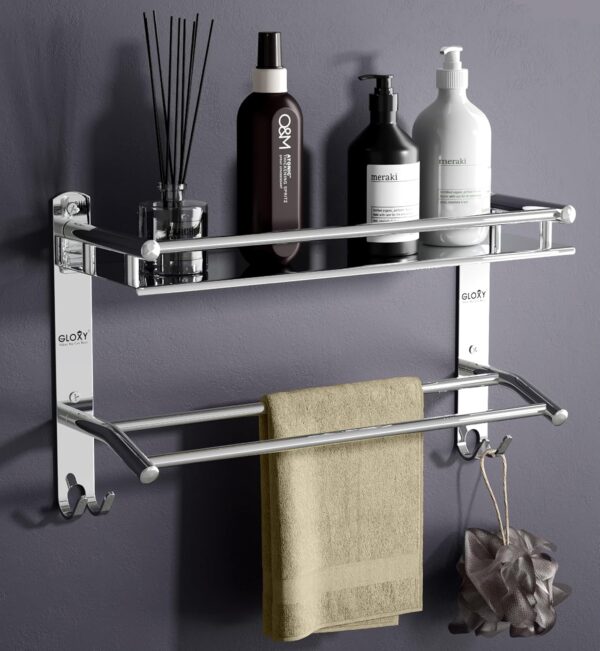 GLOXY Premium Washroom Storage Organizer Rack Shelf with Bathroom Towel Hanger 15 inch - Stainless Steel Chrome Finished Heavy Bathroom Fittings Accessories Set for Home, Office, Hotels & Restaurants