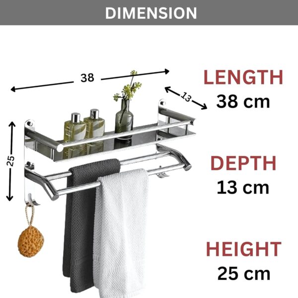 GLOXY Premium Washroom Storage Organizer Rack Shelf with Bathroom Towel Hanger 15 inch - Stainless Steel Chrome Finished Heavy Bathroom Fittings Accessories Set for Home, Office, Hotels & Restaurants