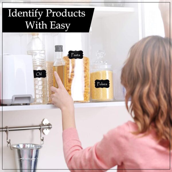 GLUN 100 Piece Waterproof Vinyl Black Labels Stickers for Mason Jar Glass & Plastic Bottles, 100 Labels Piece Stickers with 1 Piece White Pencil, Self-Adhesive Spice