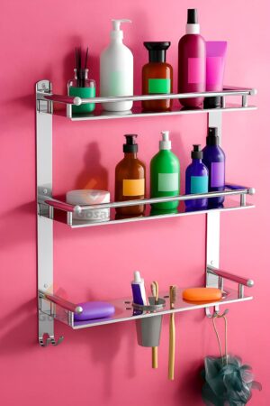 GOSAI Stainless Steel Self-Adhesive or Wall Mount 3 Layer Bathroom GOSAI Stainless Steel Self-Adhesive or Wall Mount 3 Layer Bathroom Shelf Organizer Multipurpose Shelf Rack | Soap Dish & Tumbler Holder | Bathroom Accessories Set | Bathroom Wall Shelf 16x5x17 inch