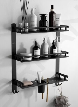 GRIVAN 5 in 1 Heavy-Duty 3 Layer Stainless Steel Bathroom GRIVAN 5 in 1 Heavy-Duty 3 Layer Stainless Steel Bathroom Shelf Racks with Dual Soap Holder, Toothbrush Holder and Tumbler for Bathroom Accessories and Fittings (Black Matte)