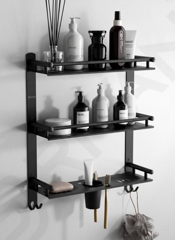 GRIVAN 5 in 1 Heavy-Duty 3 Layer Stainless Steel Bathroom Shelf Racks with Dual Soap Holder, Toothbrush Holder and Tumbler for Bathroom Accessories and Fittings (Black Matte)