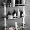 GRIVAN Magic Sticker Self Adhesive Anti Rust 3 Tier Multipurpose Bathroom Shelf Organizer with Double Soap Dish and Toothbrush Holder Stainless Steel Bathroom Accessories
