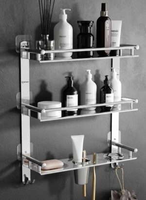 GRIVAN Magic Sticker Self Adhesive Anti Rust 3 Tier Multipurpose GRIVAN Magic Sticker Self Adhesive Anti Rust 3 Tier Multipurpose Bathroom Shelf Organizer with Double Soap Dish and Toothbrush Holder Stainless Steel Bathroom Accessories