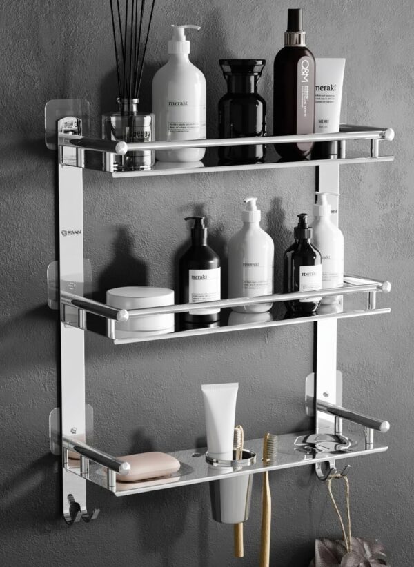 GRIVAN Magic Sticker Self Adhesive Anti Rust 3 Tier Multipurpose Bathroom Shelf Organizer with Double Soap Dish and Toothbrush Holder Stainless Steel Bathroom Accessories