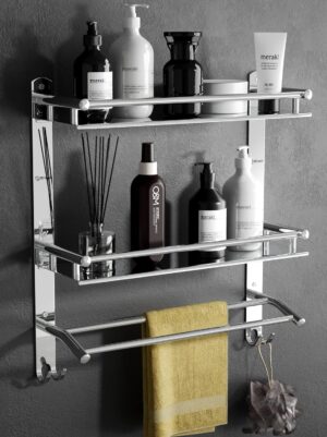 GRIVAN Multipurpose Stainless Steel Double Layer Shelf with Towel Rod GRIVAN Multipurpose Stainless Steel Double Layer Shelf with Towel Rod I Multipurpose Wall Mount Bath Shelf Organizer l Bathroom Shelf and Rack I Bathroom Accessories - Chrome Finish, Silver
