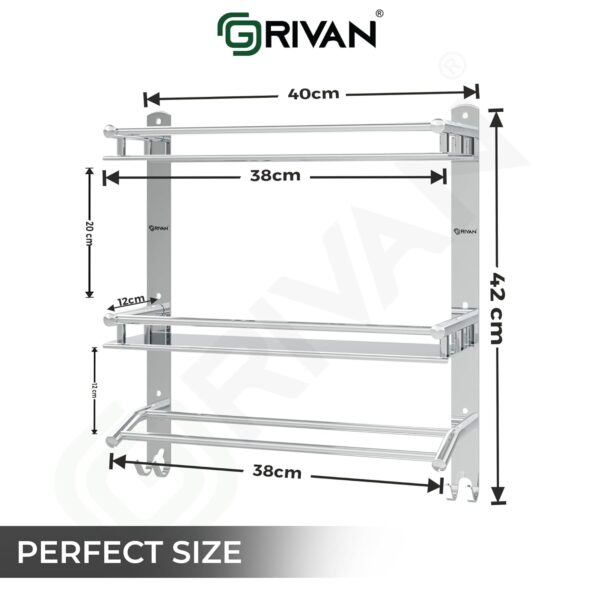 GRIVAN Multipurpose Stainless Steel Double Layer Shelf with Towel Rod I Multipurpose Wall Mount Bath Shelf Organizer l Bathroom Shelf and Rack I Bathroom Accessories - Chrome Finish, Silver