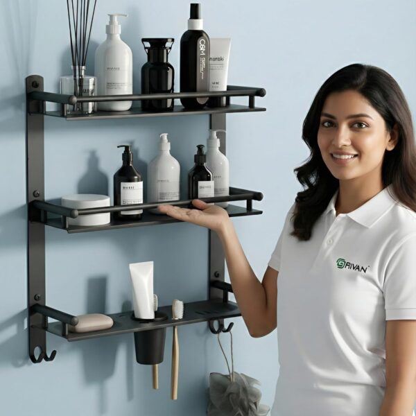 GRIVAN Stainless Steel 3-Tier Bathroom Accessories Set – Heavy Duty GRIVAN Stainless Steel 3-Tier Bathroom Accessories Set – Heavy Duty Bathroom Shelves with Dual Soap Holder, Toothbrush Holder & Tumbler | Wall Mounted Bathroom Organizer