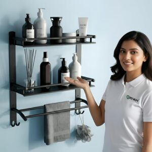 GRIVAN Stainless Steel 3-Tier Bathroom Shelf Rack Stand with Dual GRIVAN Stainless Steel 3-Tier Bathroom Shelf Rack Stand with Dual Towel Rod | Multipurpose Bathroom Accessories Set (Black Matte)
