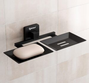 GRIVAN Wall Mounted Stainless Steel Black Matt Finish Square Shape Double Soap Holder for Bathroom, Soap Stands/Soap Tray for Bath Dish Bathroom Accessories and Fittings Rust Free (Set of 1)