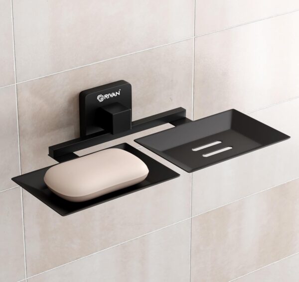 GRIVAN Wall Mounted Stainless Steel Black Matt Finish Square Shape GRIVAN Wall Mounted Stainless Steel Black Matt Finish Square Shape Double Soap Holder for Bathroom, Soap Stands/Soap Tray for Bath Dish Bathroom Accessories and Fittings Rust Free (Set of 1)