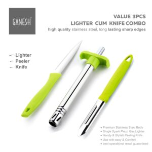 Ganesh Stainless Steel Gas Lighter with Knife & Peeler for Ganesh Stainless Steel Gas Lighter with Knife & Peeler for Kitchen Use Restaurants Metal Gas Stove Lighter Regular Size Easy Grip, 3-Piece, Colour May Vary Colour