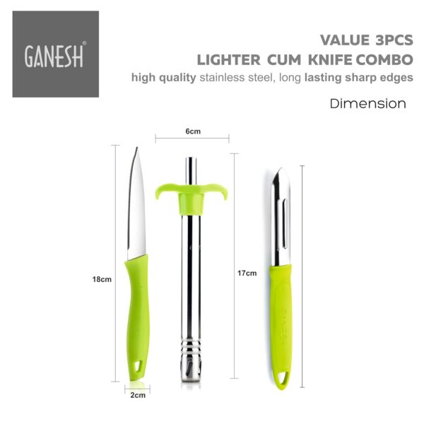 Ganesh Stainless Steel Gas Lighter with Knife & Peeler for Kitchen Use Restaurants Metal Gas Stove Lighter Regular Size Easy Grip, 3-Piece, Colour May Vary Colour