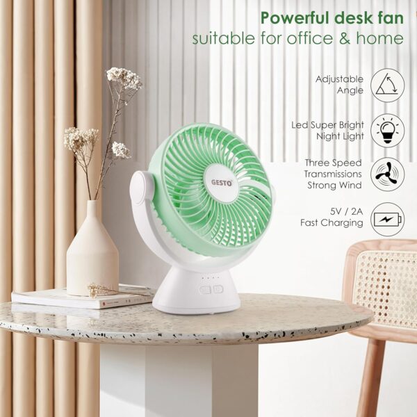 Gesto 7.8 Inch High Speed Rechargeable Table Fan for Home – USB Charging Battery Fan With Led Light | 2400mAh Battery for Upto 8 Hrs. Runtime | 3 Speed Modes Portable fan for Home,Office,Kitchen-Green