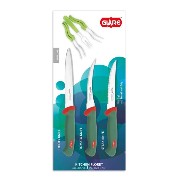 Glare Kitchen Floret (Exclusive 3 Pcs. Knife Set) - Stainless Glare Kitchen Floret (Exclusive 3 Pcs. Knife Set) - Stainless Steel, Red & Green