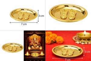 Gold Color Charan Paduka for Pooja | Decorative Vishnu Charan Gold Color Charan Paduka for Pooja | Decorative Vishnu Charan Paduka with Plate | 7 * 3 cm Auspicious Puja Item for Mandir, Diwali & Gifting Set of 2