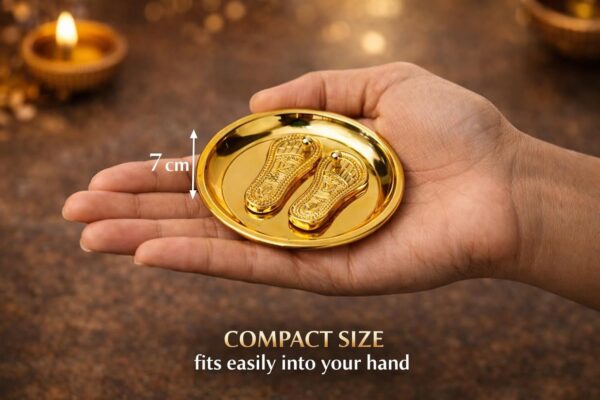 Gold-Color-Charan-Paduka-for-Pooja-Decorative-Vishnu-Charan-Paduka-with-Plate-7-3-cm-Auspicious-Puja-Item-for-Mandir-Diwali-Gifting-Set-of-2.jpg Gold Color Charan Paduka for Pooja | Decorative Vishnu Charan Paduka with Plate | 7 * 3 cm Auspicious Puja Item for Mandir, Diwali & Gifting Set of 2