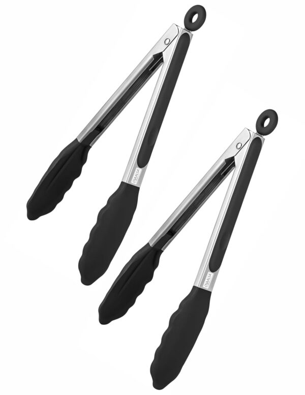 Grab 2Pc Silicone Food Tongs for Kitchen, Barbeque and Serving - 9 inch - 1 Year Warranty - FDA Approved Silicone, 315°C Heat-Resistant, Salad Tong, Serving Tong, BBQ Tong - Black (2)