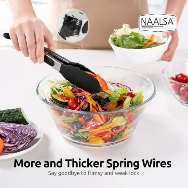 Grab 2Pc Silicone Food Tongs for Kitchen, Barbeque and Serving - 9 inch - 1 Year Warranty - FDA Approved Silicone, 315°C Heat-Resistant, Salad Tong, Serving Tong, BBQ Tong - Black (2)