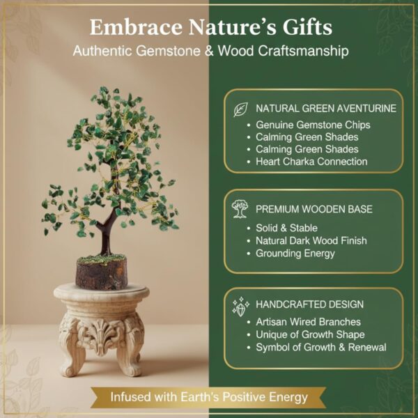 Green Aventurine Crystal Wooden Tree | Natural Luck & Prosperity Gemstone Bonsai with Wooden Base | Crystal Tree for Positive Energy | Good Luck Tree