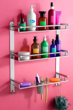 HANDY Bathroom Accessories 3 Layer Stainless Steel Bathroom Shelf with HANDY Bathroom Accessories 3 Layer Stainless Steel Bathroom Shelf with 2 Soap Case 1 Toothbrush Holder and Hook