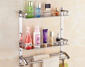 HANDY Self Adhasive Bathroom Accessories Set Stainless Steel 3 Layer HANDY Self Adhasive Bathroom Accessories Set Stainless Steel 3 Layer Bathroom Shelf | Towel Holder Multipurpose Wall Mount | No-Drill Bathroom Organiser Towel Racks with Hook (16x5x17 inch)