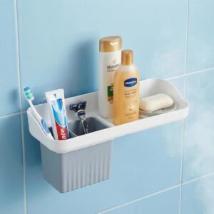 HAPPI Soap Stand for Bathroom – Self-Adhesive Wall-Mounted Soap Case with Glass Tumbler, Tooth Brush Holder & Bottle Space Shelf Tray, Soap Dish Holder for Bathroom Organizer (White/Grey)